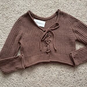 Cabincore boho Mocha Lace-Up Women's Knit Top size M, NWT
